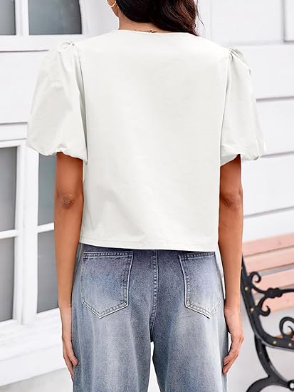 Womens Cropped Tops Puff Sleeve Button Down Shirts Trendy Casual Loose Fit Cute Blouse